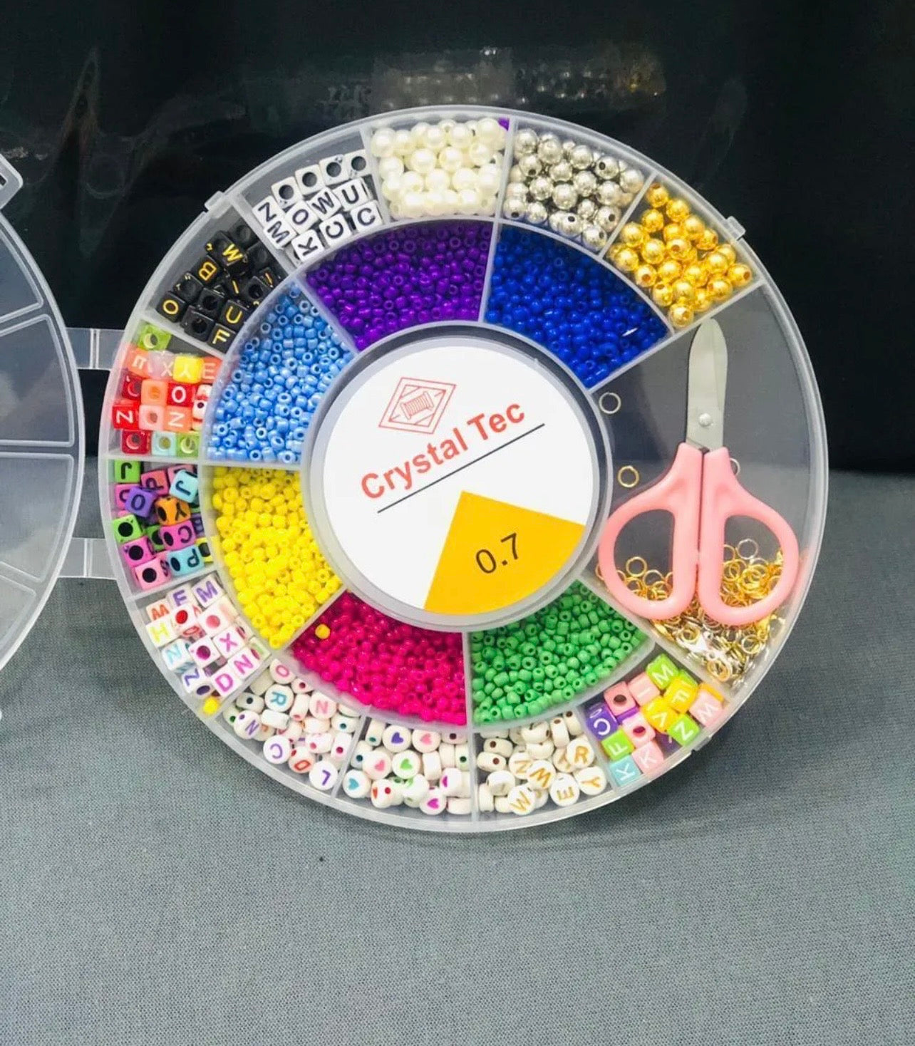 Crystal Tag Round Beads Box With Scissors