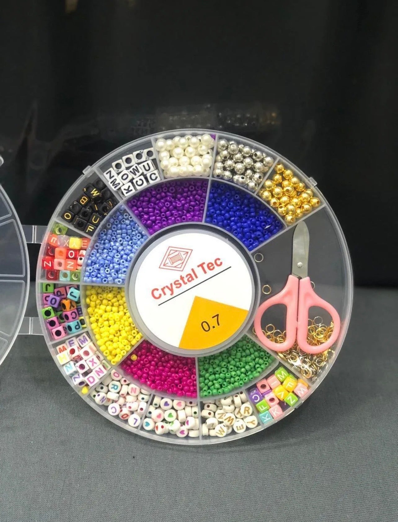 Crystal Tag Round Beads Box With Scissors