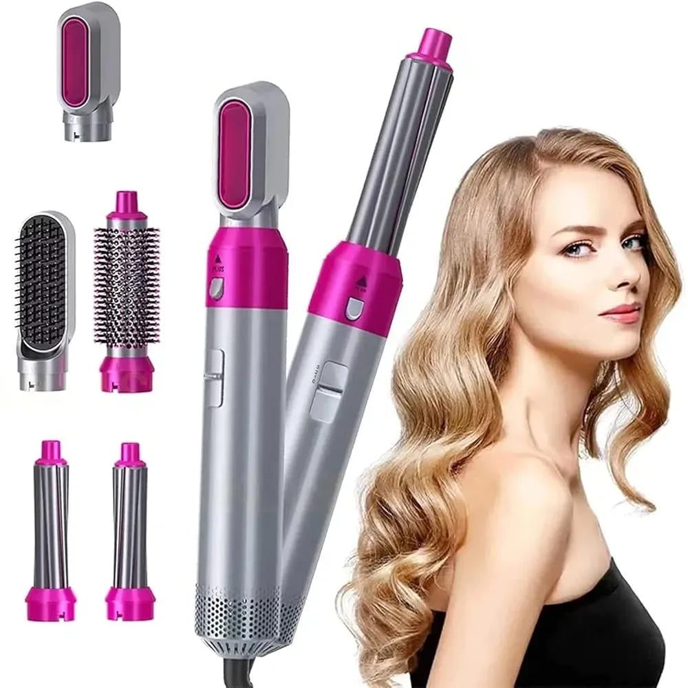 5-in-1 Hair Styler Pink Silver Portable curling Brush