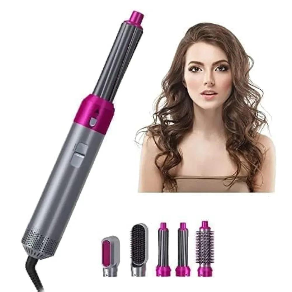 5-in-1 Hair Styler Pink Silver Portable curling Brush