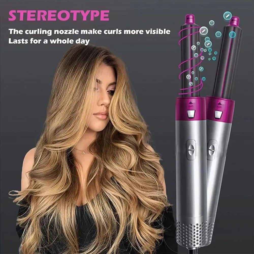 5-in-1 Hair Styler Pink Silver Portable curling Brush